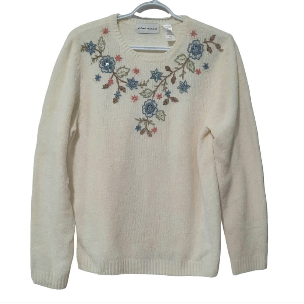 Alfred Dunner Chenille Sweater Cottagecore Crew Neck Embroidered Sequin Size S